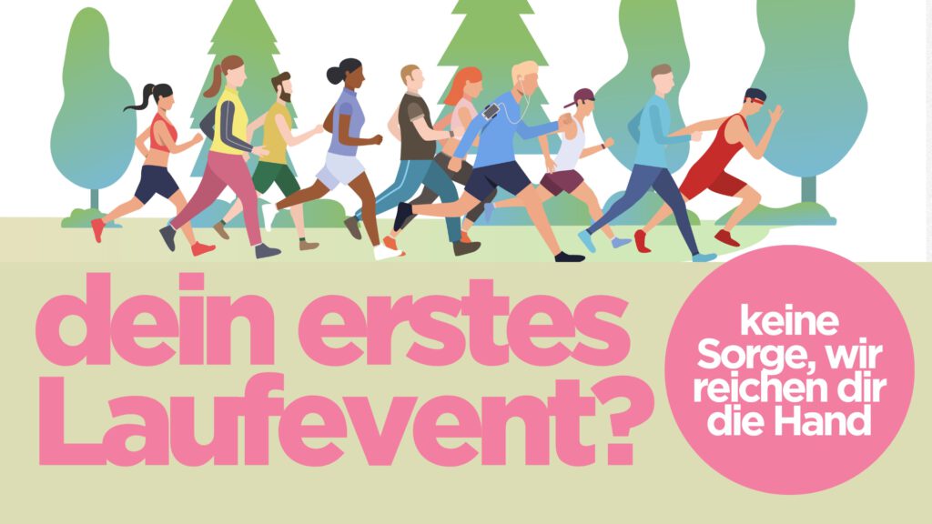 Illustration mit Läufern und Headline: Dein erstes Laufevent?