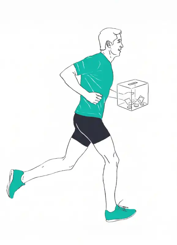 Läufer mit Spendenbox in der Hand