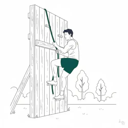 Läufer klettert eine Hinderniswand hoch